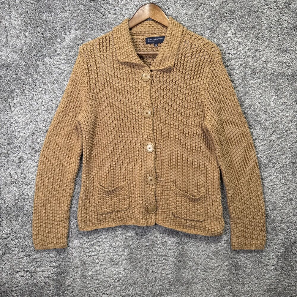 Jones New York Camel Brown Collared Cardigan Sweater Large 100% Cotton Pockets